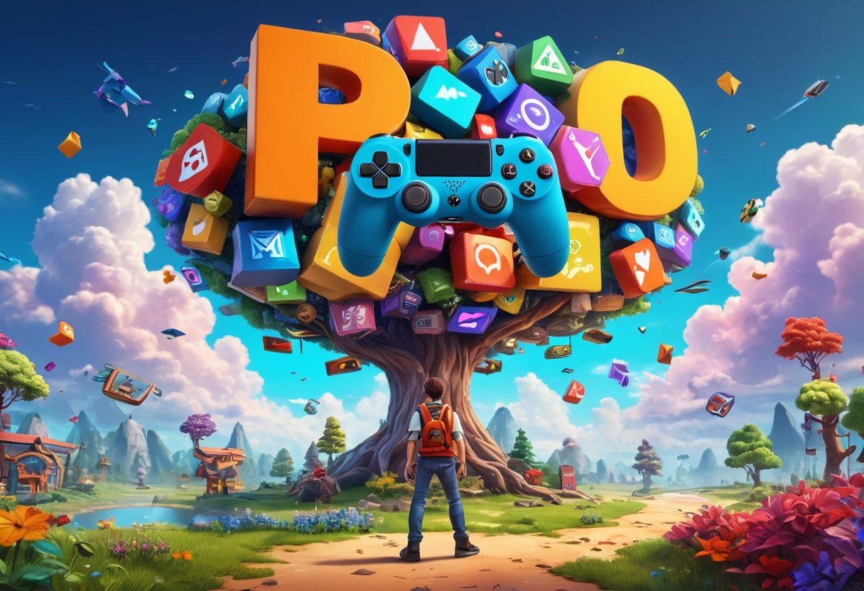 An adventurous gamer character, holding a massive game controller, standing at a crossroads filled with colorful download icons for various gaming platforms from A to Z. Each icon is stylized to represent its respective platform, creating a vibrant and dynamic landscape. The background features visually engaging elements like pixelated clouds and digital trees. The scene captures a sense of exploration and excitement in the gaming world. super-realistic. vibrant colors. 3D.