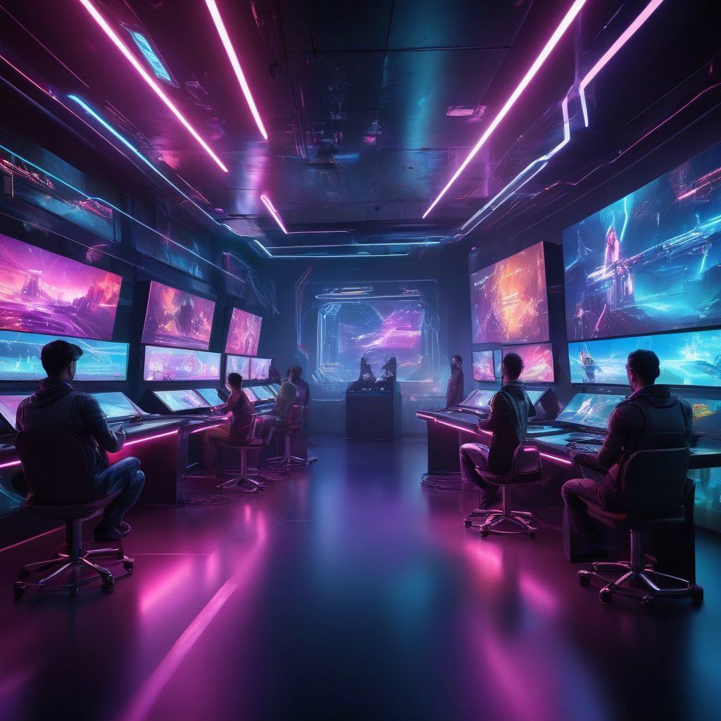 A futuristic gaming environment showcasing various interactive platforms and game launchers displayed on holographic screens. Include dynamic neon lights, a diverse group of gamers engaged and immersed in gameplay, and technology like virtual reality headsets. The backdrop should evoke a sense of innovation and excitement, with abstract digital graphics symbolizing revolution in gaming. vibrant colors. cyberpunk style.