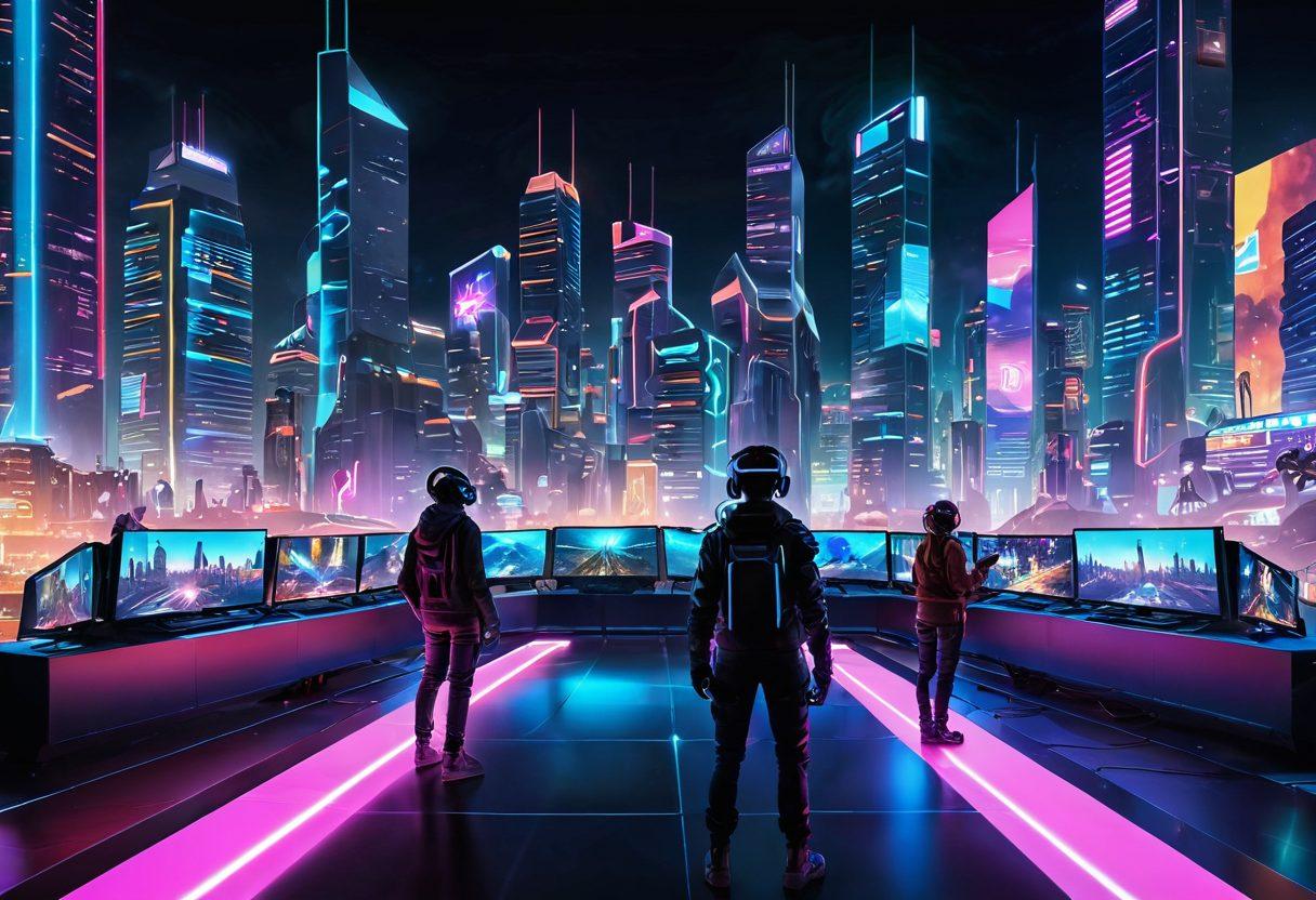 A futuristic gaming landscape filled with various game launchers and download platforms displayed as holographic interfaces, showcasing vibrant game graphics and iconic characters. In the foreground, a diverse group of gamers, including a girl with VR goggles and a guy with a gamepad, engage with these platforms. The background features a bright, digital city skyline with neon lights. dynamic composition. cyberpunk. vibrant colors.